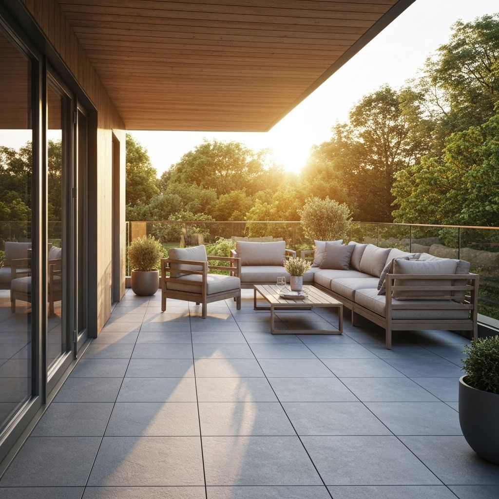 Terrasse mit professionell verlegten Außenfliesen